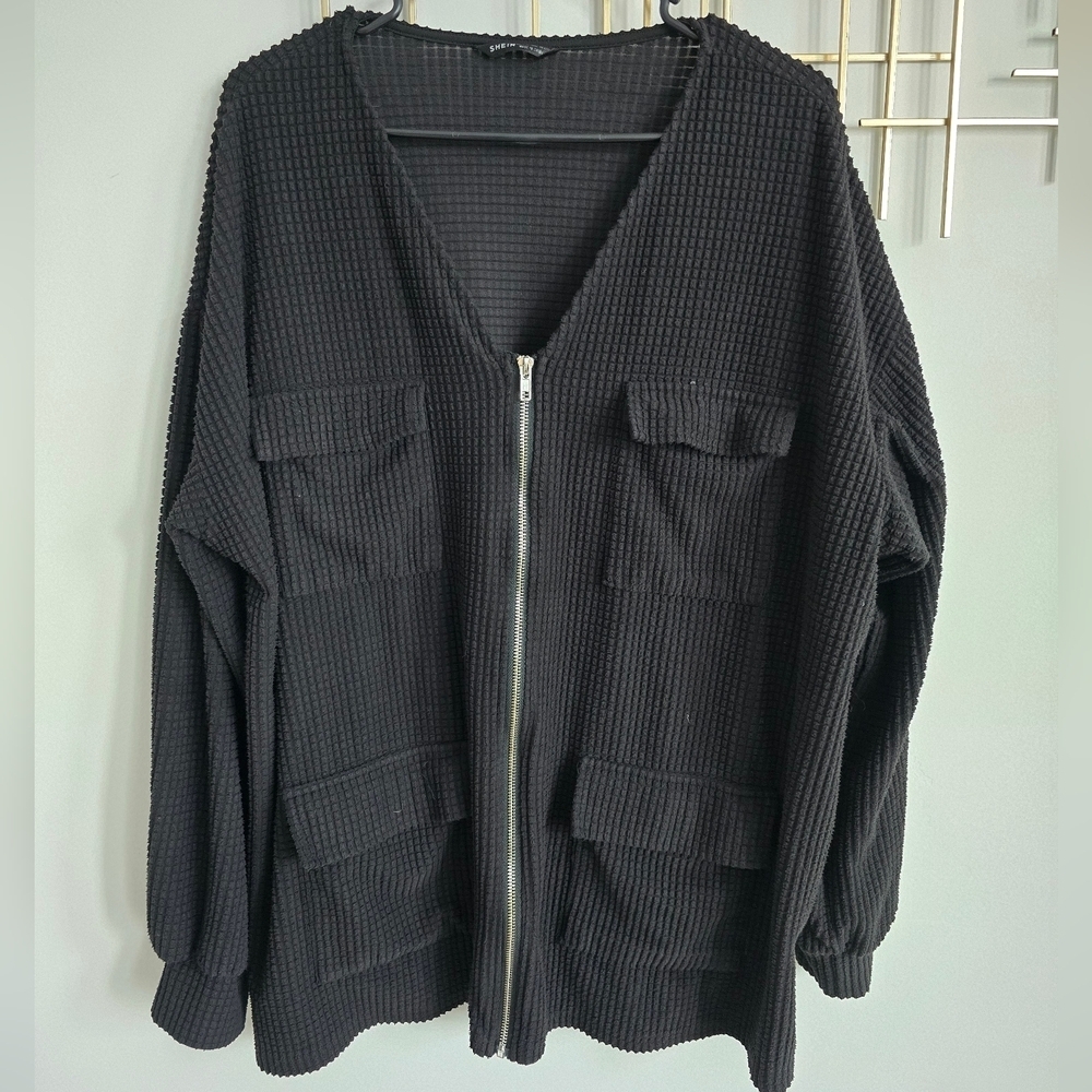 Oversized V Neck Black Waffle Knit Zip Up Jacket​